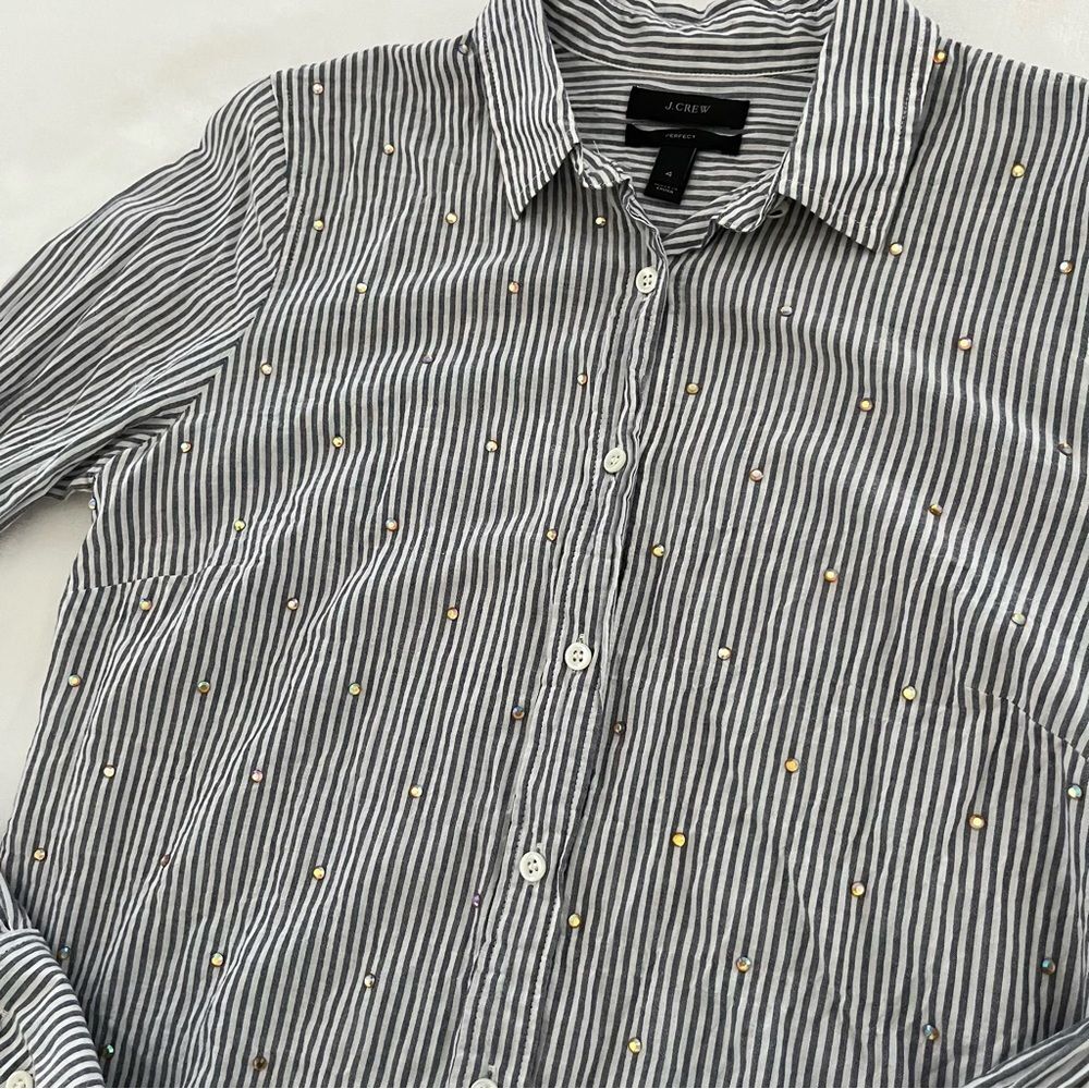 J. Crew Embellished Rhinestone Striped Perfect Button Down Shirt, Size 4 NWOT - Picture 9 of 11